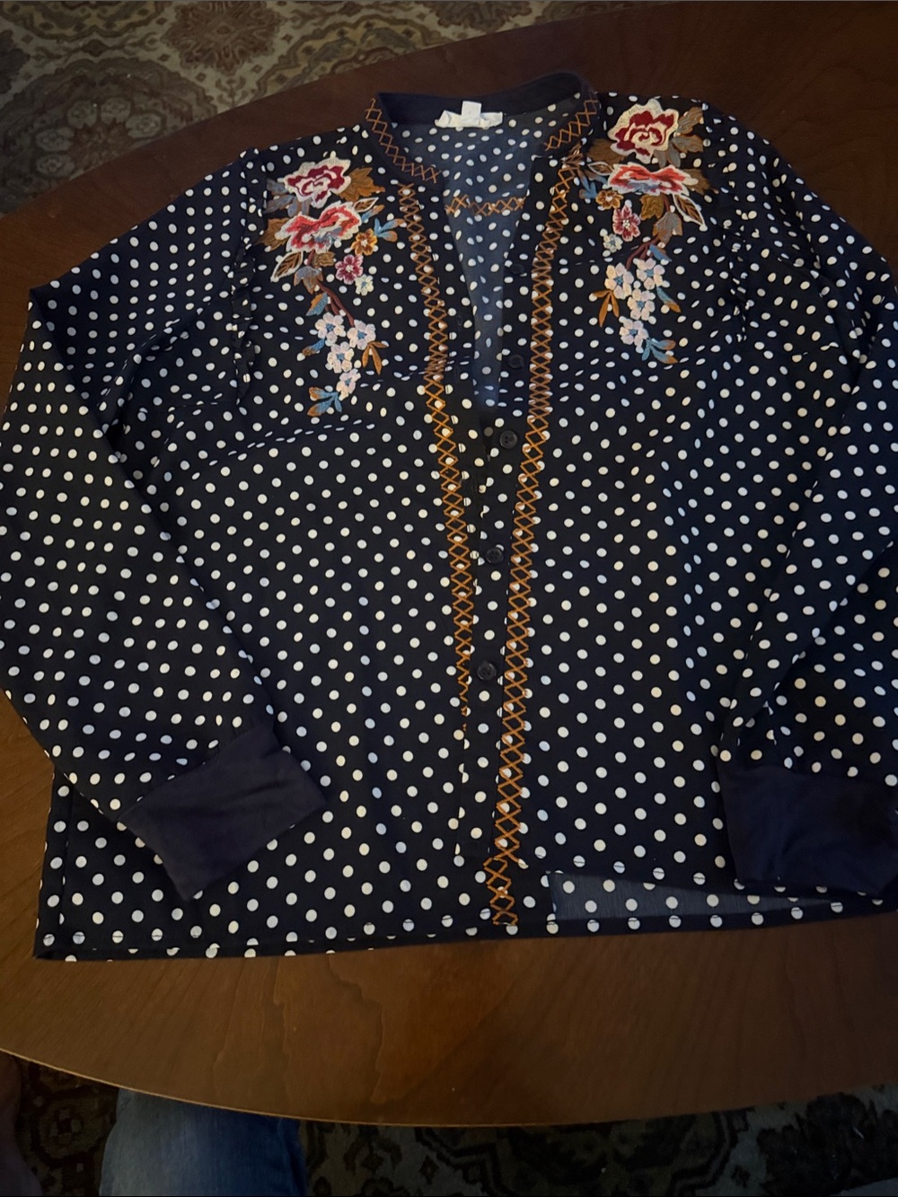 THML Navy Polka Dot Button-Up Top with Floral Embroidery